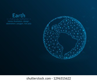 Earth vector illustration, globe polygon icon on blue background, abstract vector illustration made from points and lines