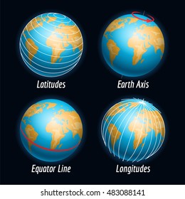 Earth vector with latitudes longitudes earth axis and equater line