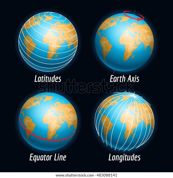 Earth vector with latitudes longitudes earth axis\
and equater line