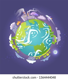 Earth vector, planet with continents and oceans flat style isolated land with skyscrapers and high building with harmful gas emission, protection
