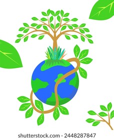 Erdkugel mit Bäumen, Pflanzen und Wurzeln, Konzept des Earth Day, O2, Ökologie, Pflanzenschutz, Erdsicherheit, CO2, Schadstoffreduzierung