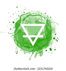 Earth vector sign. One of the four natural elements symbol. Editable white outline on green watercolor circle