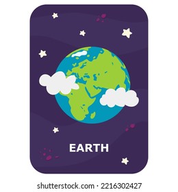 Tierra. Tarjeta flash Vector Space. Juego en inglés con astronauta, cohete, planeta, cometa, alienígena para los niños. Flashcards de astronomía con caracteres graciosos. Hoja de cálculo simple imprimible educacional.