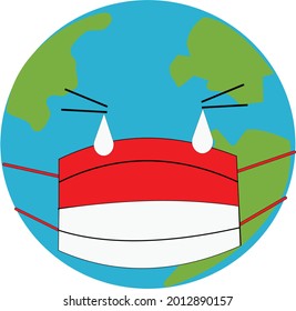 earth vector wearing an Indonesian flag mask, is crying.