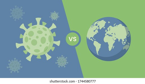 The Earth versus coronavirus cells poster design. Green covid-19 cells and Earth planet vector flat cartoon illustration. Fight and stop the global pandemic of coronavirus banner concept.