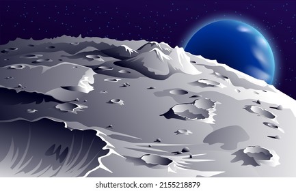 Earth view from the lunar surface. Vector space landscape with craters and mountains on the moon.