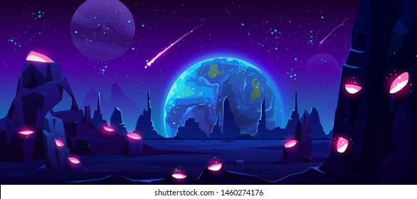 Earth view at night from alien planet, neon space background with falling meteor in dark starry sky, fantasy extraterrestrial landscape with craters full of glowing liquid, Cartoon vector illustration
