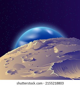 Earth view from the satellite surface. Vector space landscape on the moon.
