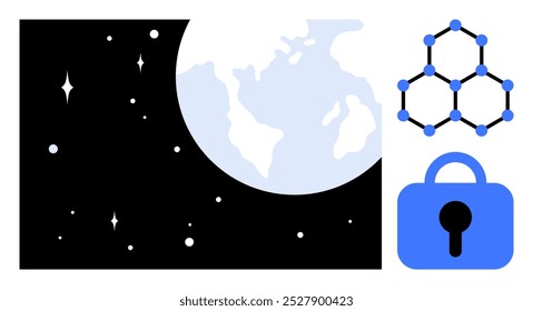 Earth viewed from space shows connectivity and security. Ideal for technology, cybersecurity, global network, space exploration, digital communication. Simplistic, modern, minimal