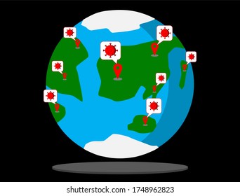 The Earth with virus location pin mark on black scene.