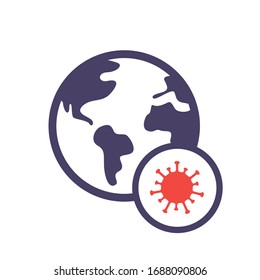 Earth with virus. World virus infection icon. Coronavirus cells on globe. Pandemic. Flat style. Isolated on white background. EPS 10