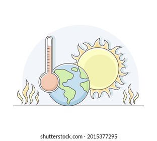 Efecto del calentamiento de la Tierra o del calentamiento del planeta con termómetro de temperatura y vectores de línea solar en llamas Ilustración