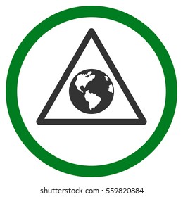 Earth Warning vector bicolor rounded icon. Image style is a flat icon symbol inside a circle, green and gray colors, white background.
