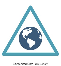 Earth Warning vector icon. Style is bicolor flat symbol, cyan and blue colors, rounded angles, white background.