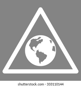 Earth Warning vector icon. Style is flat symbol, white color, rounded angles, gray background.