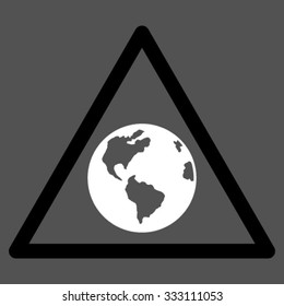 Earth Warning vector icon. Style is bicolor flat symbol, black and white colors, rounded angles, gray background.