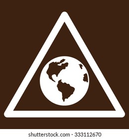 Earth Warning vector icon. Style is flat symbol, white color, rounded angles, brown background.