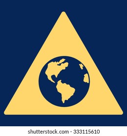 Earth Warning vector icon. Style is flat symbol, yellow color, rounded angles, blue background.