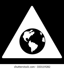 Earth Warning vector icon. Style is flat symbol, white color, rounded angles, black background.