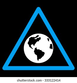 Earth Warning vector icon. Style is bicolor flat symbol, blue and white colors, rounded angles, black background.