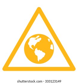 Earth Warning vector icon. Style is flat symbol, yellow color, rounded angles, white background.