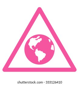 Earth Warning vector icon. Style is flat symbol, pink color, rounded angles, white background.