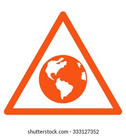 Earth Warning vector icon. Style is flat symbol, orange color, rounded angles, white background.