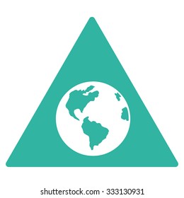 Earth Warning vector icon. Style is flat symbol, cyan color, rounded angles, white background.