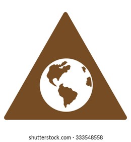 Earth Warning vector icon. Style is flat symbol, brown color, rounded angles, white background.