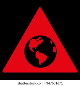 Earth Warning vector icon. Style is flat symbol, red color, rounded angles, black background.