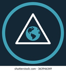 Earth Warning vector icon. Style is bicolor flat circled symbol, blue and white colors, rounded angles, dark blue background.