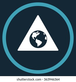 Earth Warning vector icon. Style is bicolor flat circled symbol, blue and white colors, rounded angles, dark blue background.