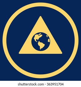 Earth Warning vector icon. Style is flat circled symbol, yellow color, rounded angles, blue background.