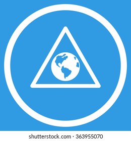 Earth Warning vector icon. Style is flat circled symbol, white color, rounded angles, blue background.