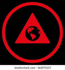 Earth Warning vector icon. Style is flat circled symbol, red color, rounded angles, black background.
