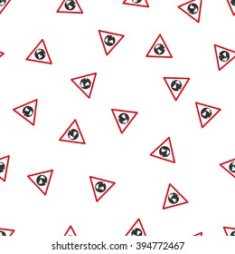 Earth Warning vector seamless repeatable pattern. Style is flat red and dark gray earth warning symbols on a white background.