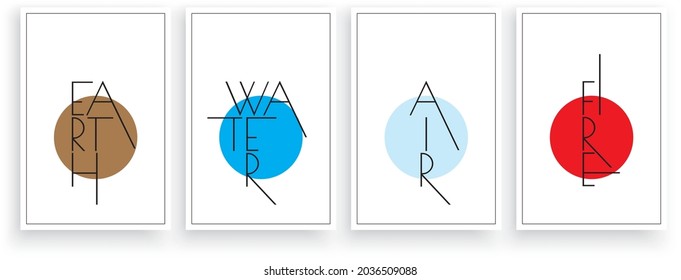 Earth, water, air, fire, vector. Minimalist poster design. Wall art, artwork. Colorful art design