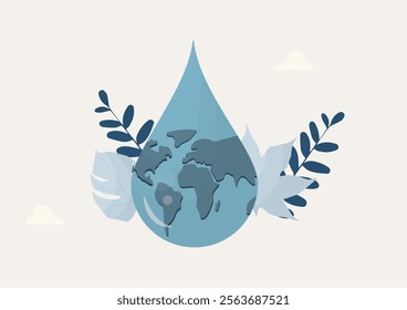 Earth Water Drop with Botanical Environmental Design. Earth and water drop with decorative leaves, symbolizing global water conservation and environmental harmony. World water day. Earth day.