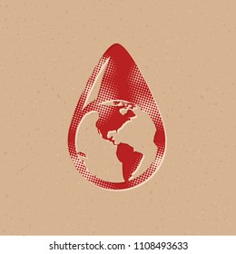 Earth water drop icon in halftone style. Grunge background vector illustration.