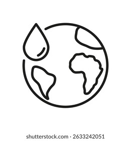 Earth With Water Drop Line Icon. Global Water Conservation And Environmental Protection Outline Symbol. Sustainable Resource Management. Editable Stroke. Isolated Vector Illustration.