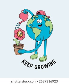earth watering plant retro cute illustration