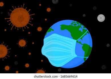 The earth wearing a medical face mask to prevent the spread of the virus, prevention against virus and infection, vector