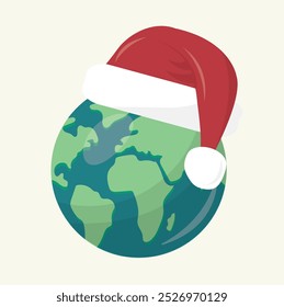 Earth Wearing Santa's Hat Illustration. global holiday celebration and environmental awareness during Christmas season. Global christmas illustration