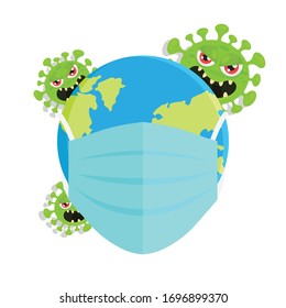 The Earth wears a mask to prevent the spread of the corona virus or covid-19/Angry corona virus illustration/ Corona virus attacking earth, globe wearing mask. 