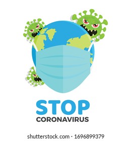 The Earth wears a mask to prevent the spread of the corona virus or covid-19/Angry corona virus illustration/ Corona virus attacking earth, globe wearing mask. 