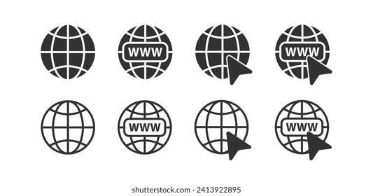 Icono de la web de la Tierra. El explorador hace clic en el símbolo. Signo WWW. Red global. Conexión al sitio web.
