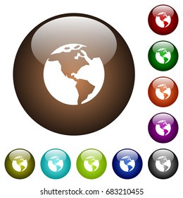 Earth white icons on round color glass buttons