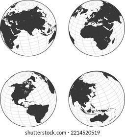 Earth wireframe flat globe icons. earth hemispheres with continents. vector world map set.