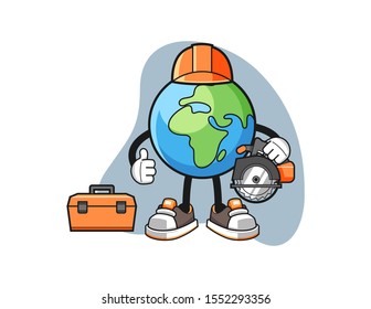 Earth woodworker cartoon. Mascot Character vector.