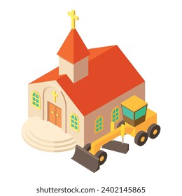 Icono de trabajo de la Tierra vector isométrico. Nuevo estudiante de nivelación cerca del edificio católico de la iglesia. Trabajos de construcción, obra de construcción